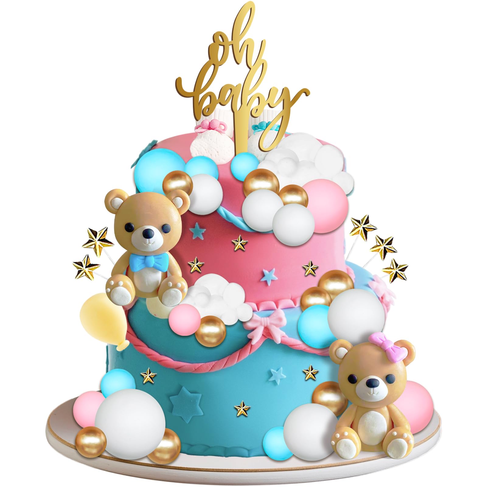 TxscOxwP1 38-Piece Bear Cake Topper Set – Oh Baby Gender Reveal, Blue & Pink