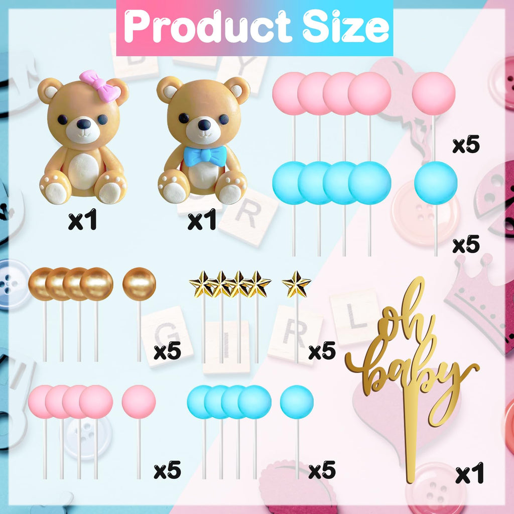 TxscOxwP1 38-Piece Bear Cake Topper Set – Oh Baby Gender Reveal, Blue & Pink