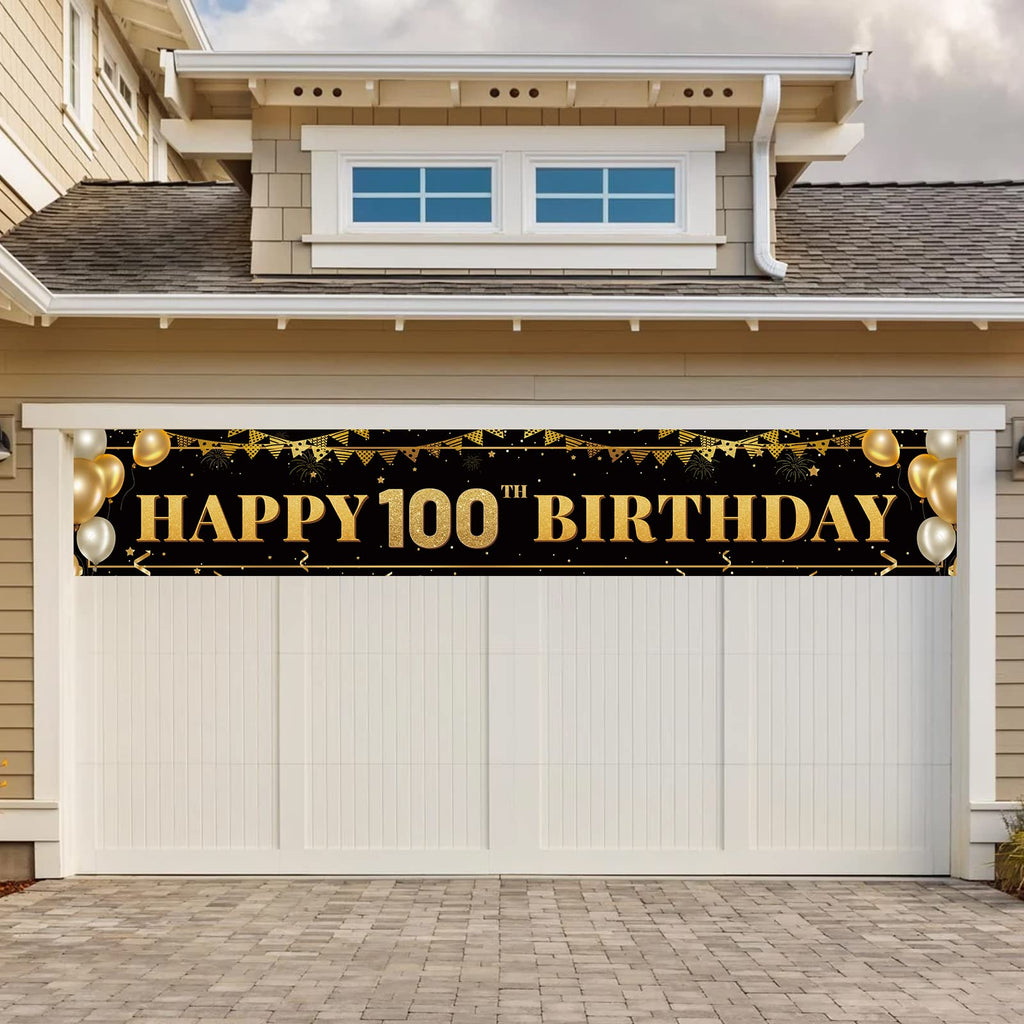 TZSS Large Happy 100th Birthday Banner - Black & Gold Decoration Sign (9.8ft x 1.6ft)