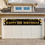 TZSS Large Happy 100th Birthday Banner - Black & Gold Decoration Sign (9.8ft x 1.6ft)