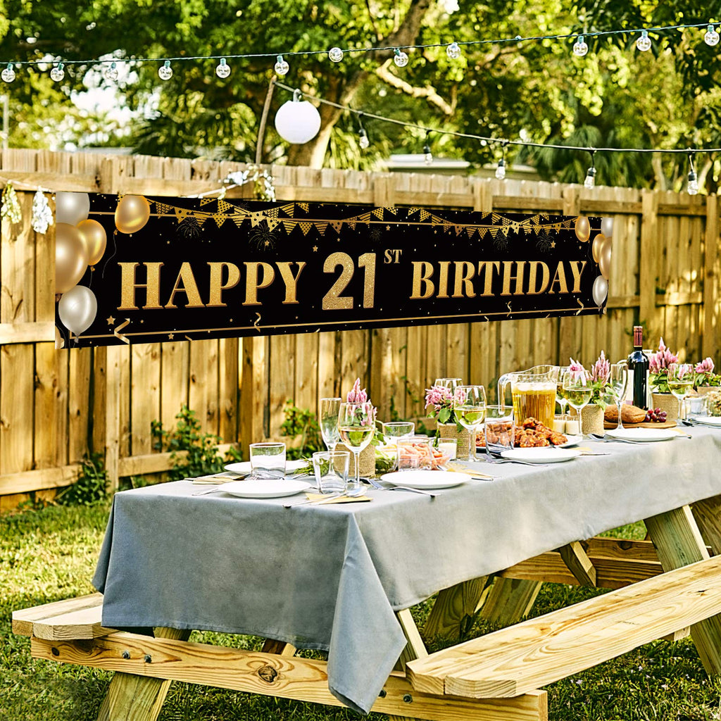 TZSS Large Happy 21st Birthday Banner – Black & Gold, 9.8 x 1.6 ft
