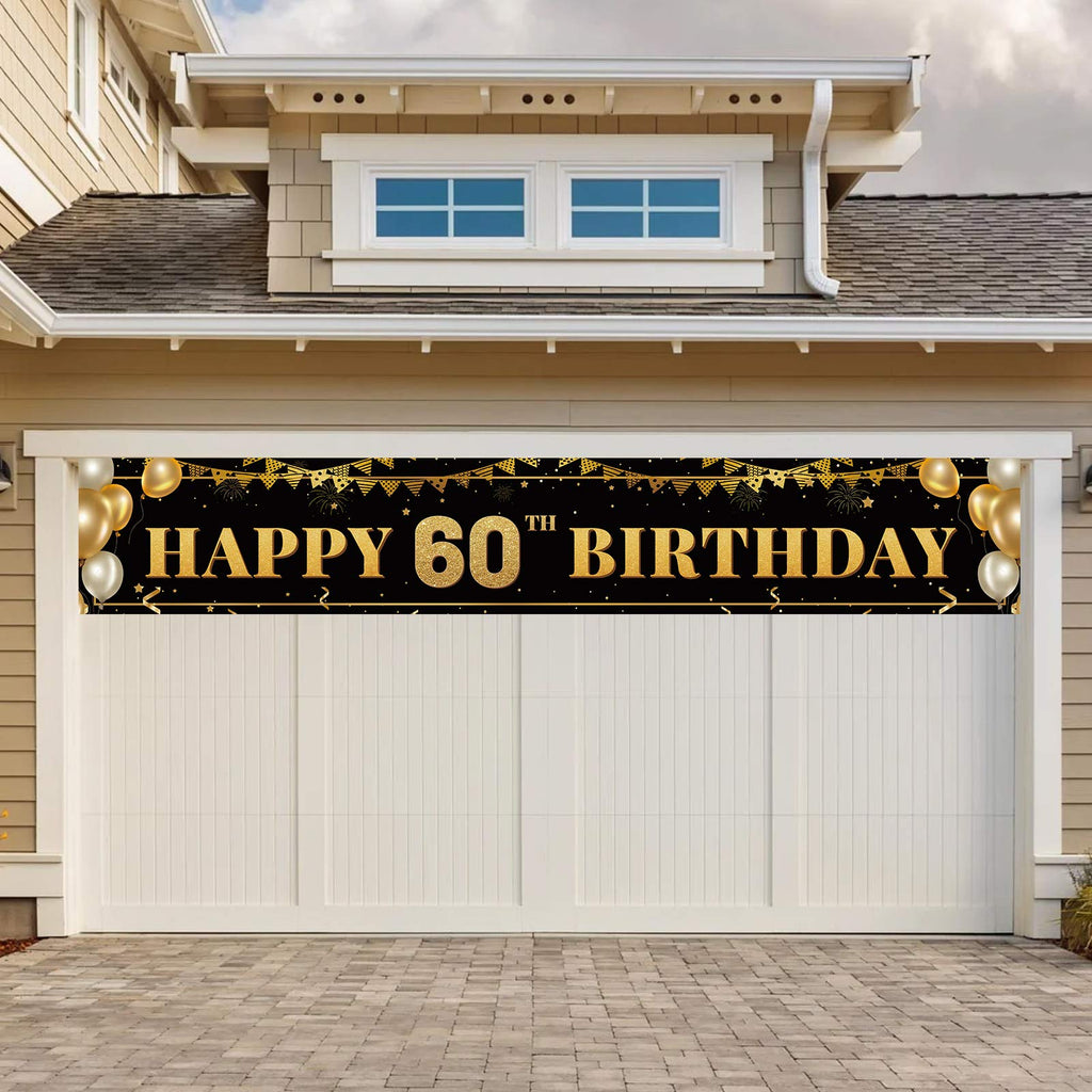 TZSS Large Happy 60th Birthday Banner – Black & Gold, 9.8x1.6 ft, Party Decorations