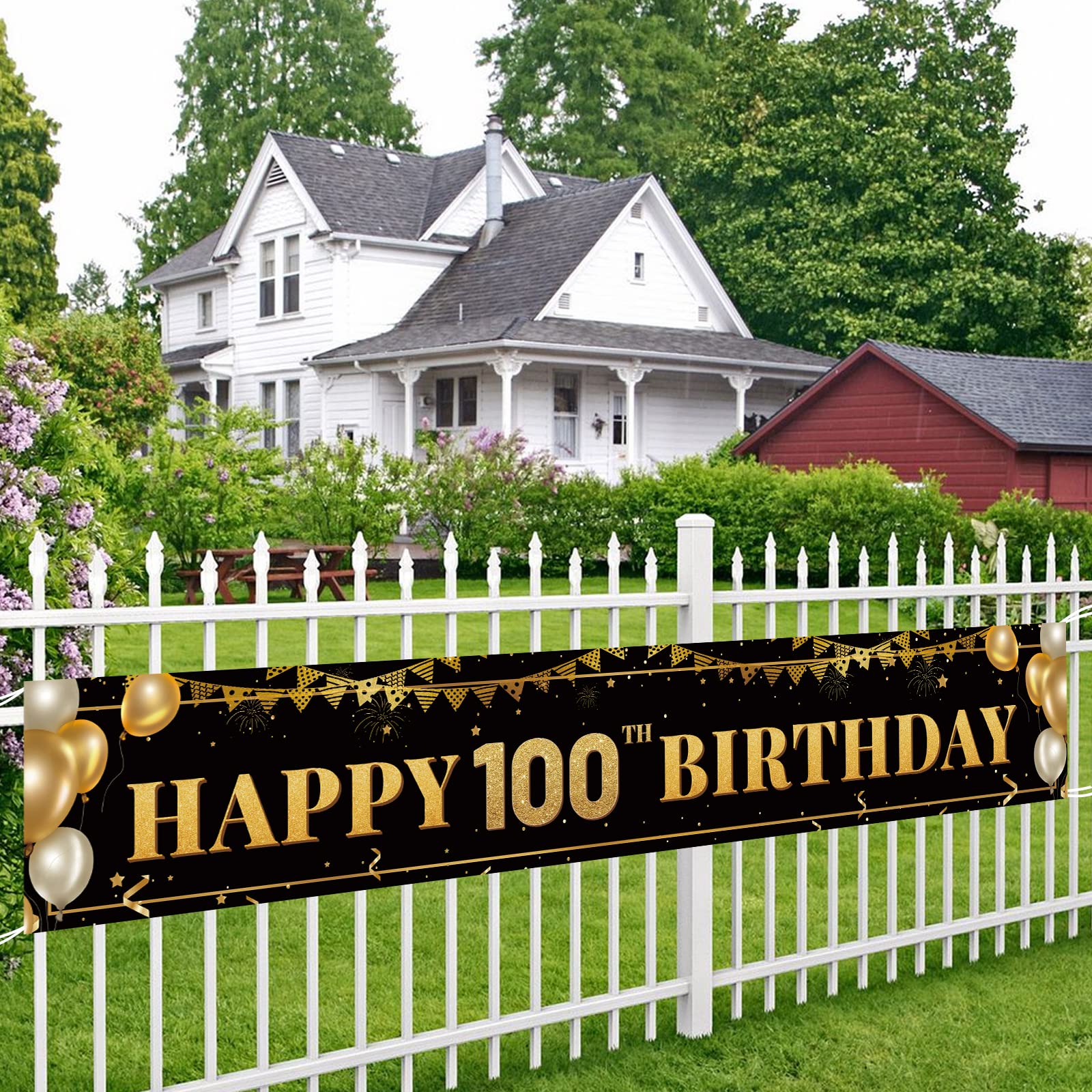 TZSS Large Happy 100th Birthday Banner - Black & Gold Decoration Sign (9.8ft x 1.6ft)