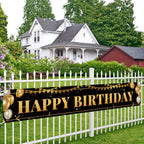 TZSS Black Gold Happy Birthday Banner – 9.8 ft x 1.6 ft, Reusable Polyester, Indoor/Outdoor Party Decor