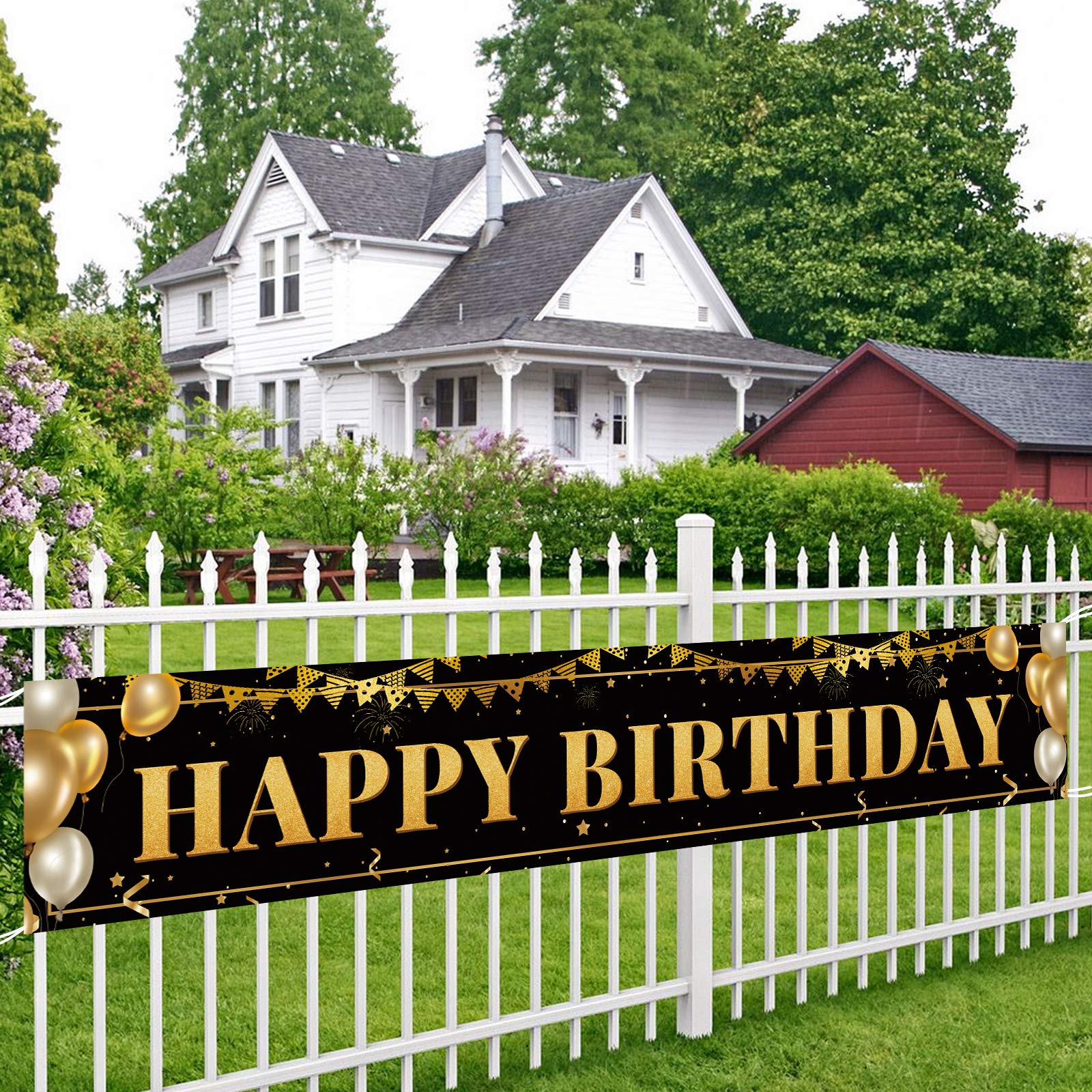 TZSS Black Gold Happy Birthday Banner – 9.8 ft x 1.6 ft, Reusable Polyester, Indoor/Outdoor Party Decor