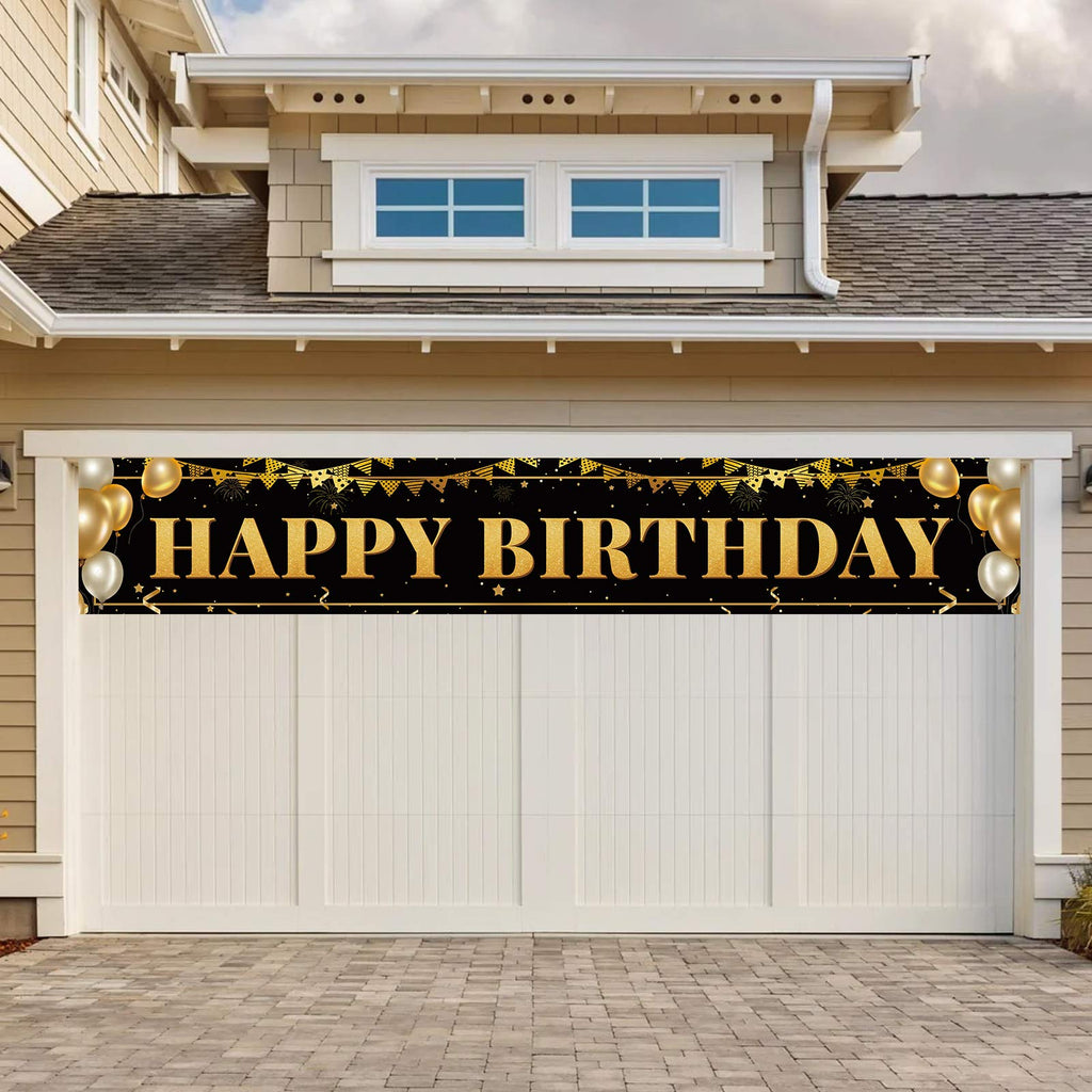 TZSS Black Gold Happy Birthday Banner – 9.8 ft x 1.6 ft, Reusable Polyester, Indoor/Outdoor Party Decor