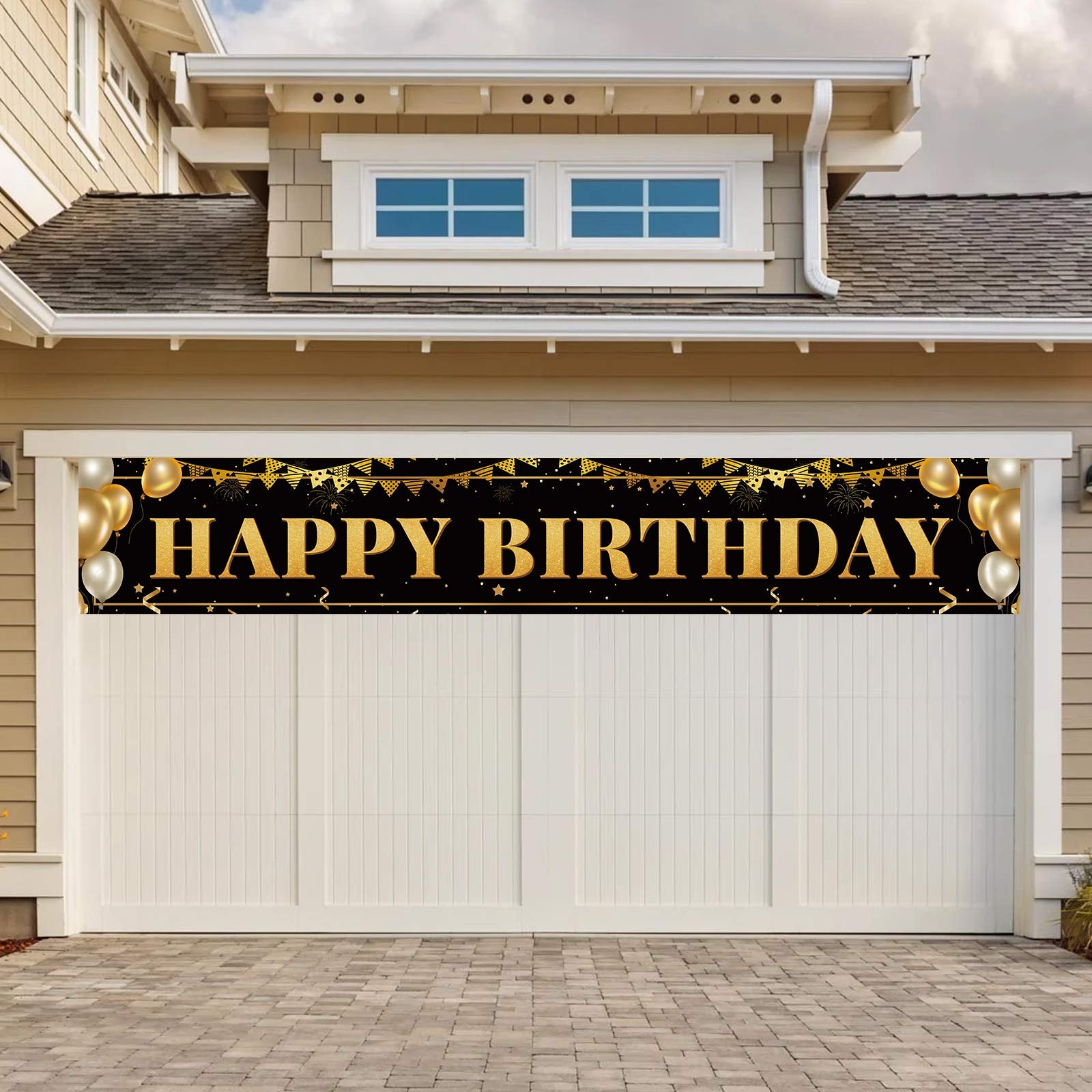TZSS Black Gold Happy Birthday Banner – 9.8 ft x 1.6 ft, Reusable Polyester, Indoor/Outdoor Party Decor