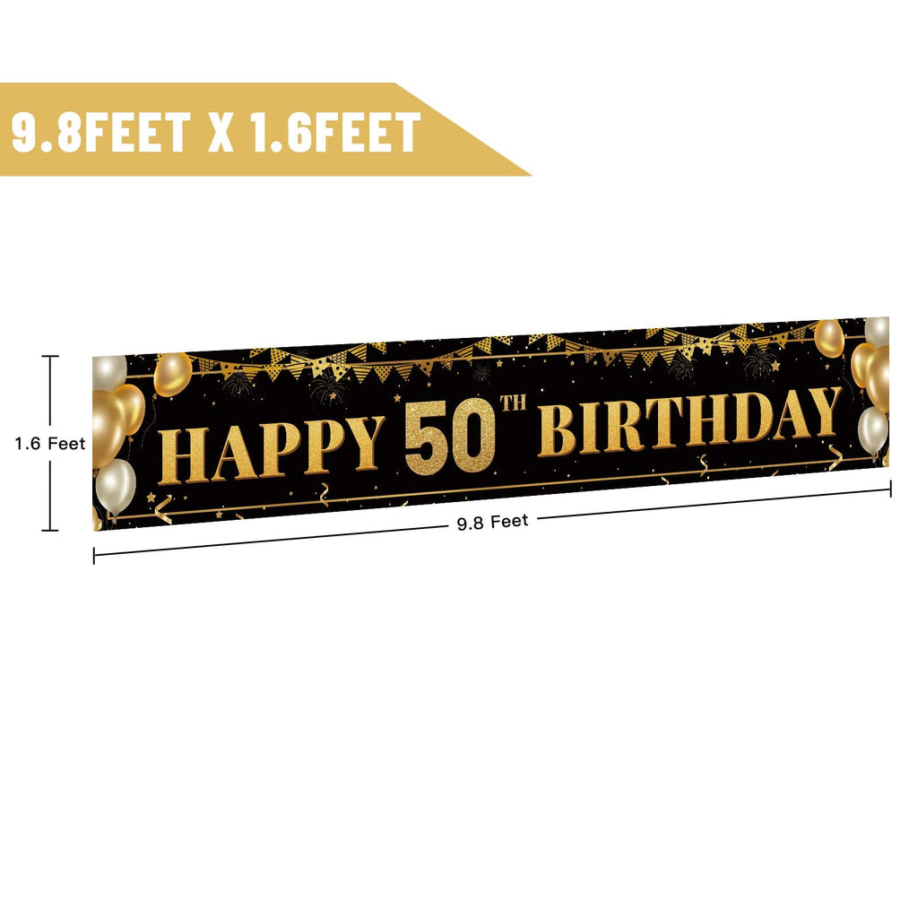 TZSS Large Happy 50th Birthday Banner – Black & Gold, 9.8x1.6 ft | Reusable Party Decor