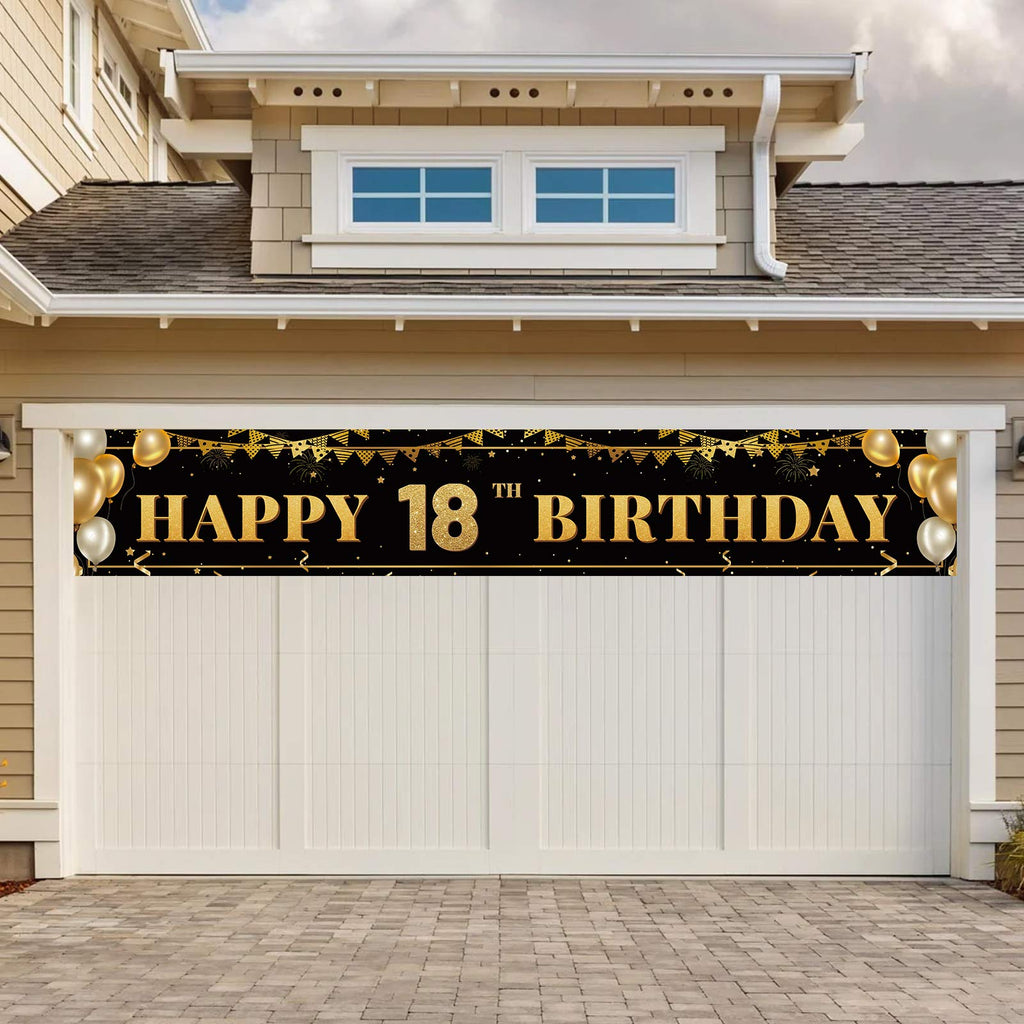 TZSS Large Happy 18th Birthday Banner - Black & Gold, 9.8ft x 1.6ft, Weatherproof Polyester, Reusable Party Decor
