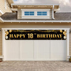 TZSS Large Happy 18th Birthday Banner - Black & Gold, 9.8ft x 1.6ft, Weatherproof Polyester, Reusable Party Decor