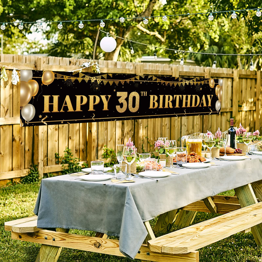 TZSS Large Happy 30th Birthday Banner - Black & Gold, 9.8ft x 1.6ft, Reusable