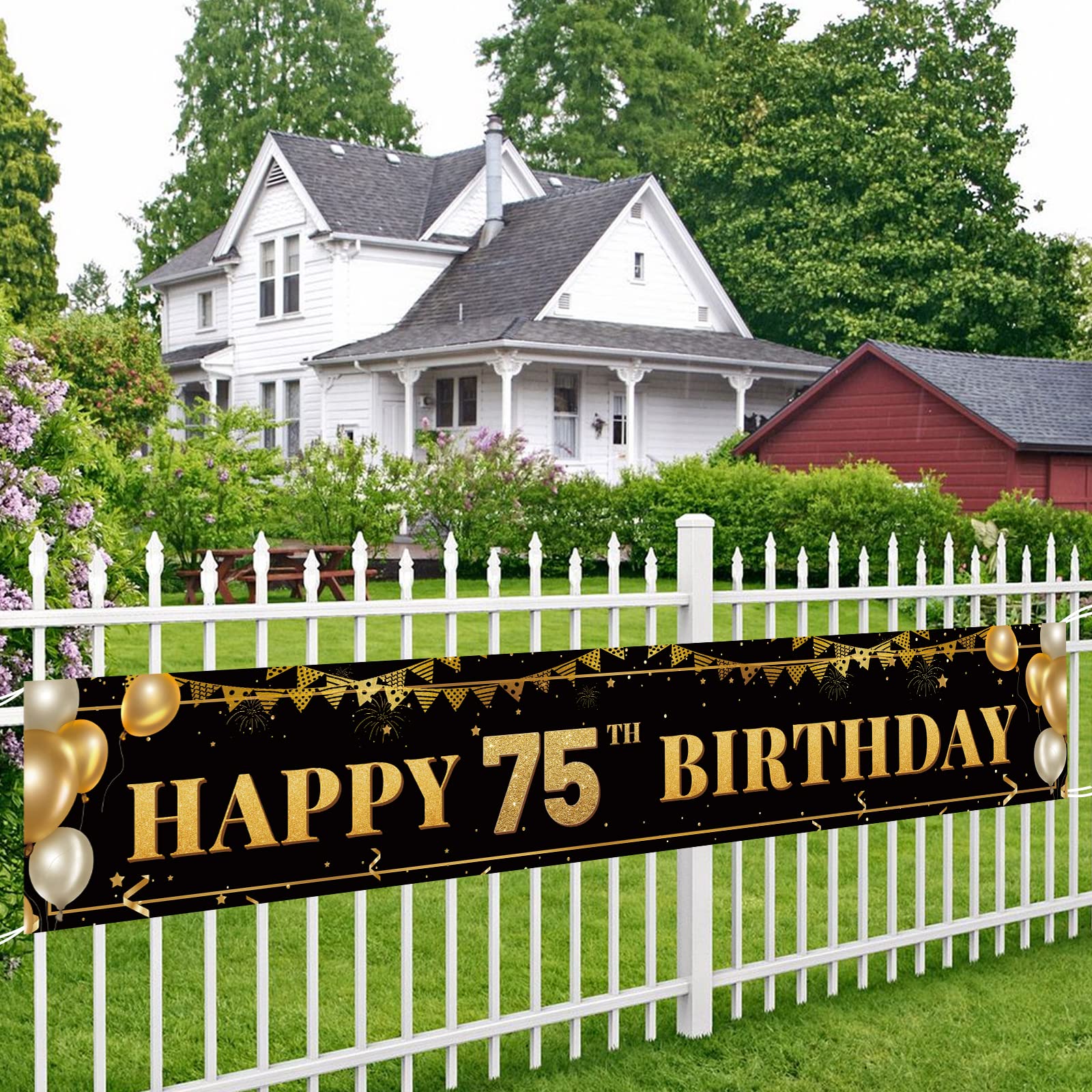 TZSS Large Happy 75th Birthday Banner – Black & Gold Milestone Decor (9.8x1.6 ft)