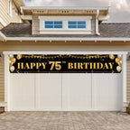 TZSS Large Happy 75th Birthday Banner – Black & Gold Milestone Decor (9.8x1.6 ft)