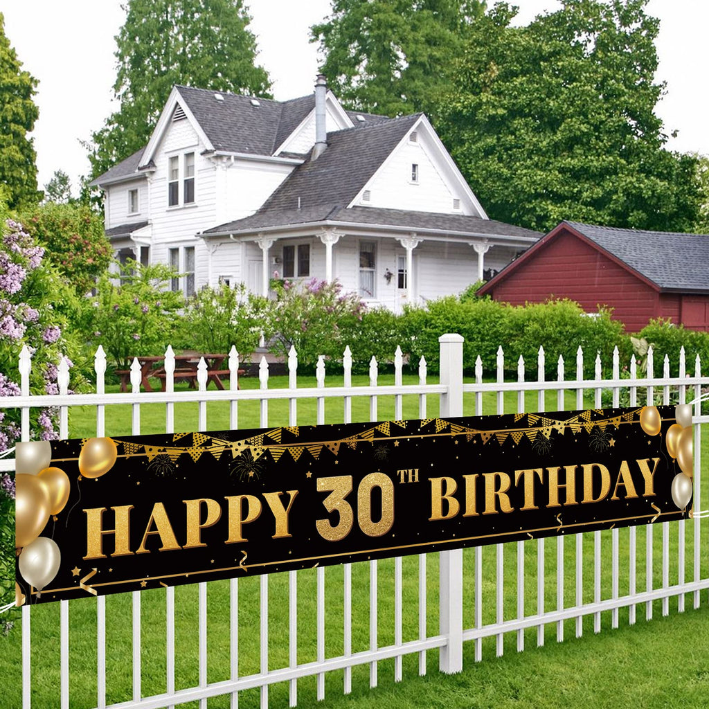 TZSS Large Happy 30th Birthday Banner - Black & Gold, 9.8ft x 1.6ft, Reusable