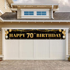 TZSS Large Black & Gold Happy 70th Birthday Banner - 9.8x1.6 ft, Reusable Polyester