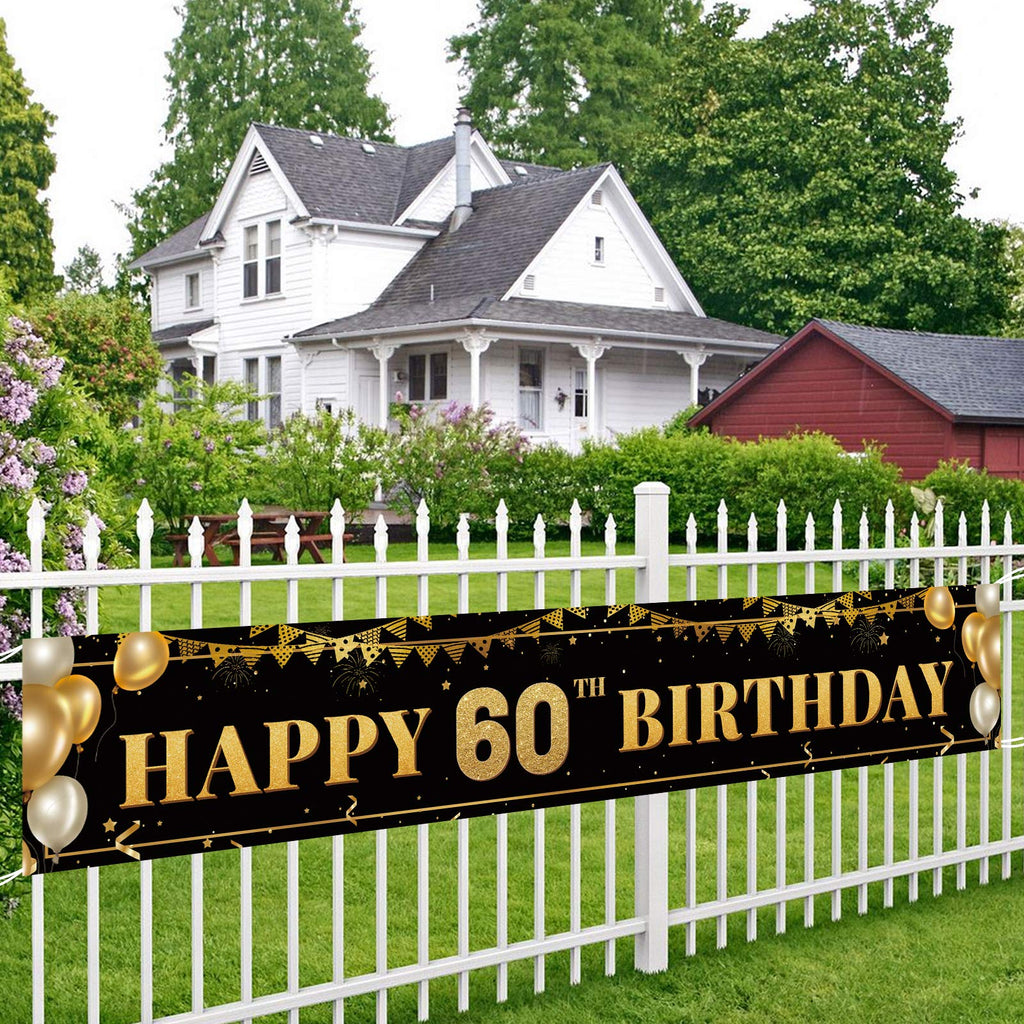 TZSS Large Happy 60th Birthday Banner – Black & Gold, 9.8x1.6 ft, Party Decorations