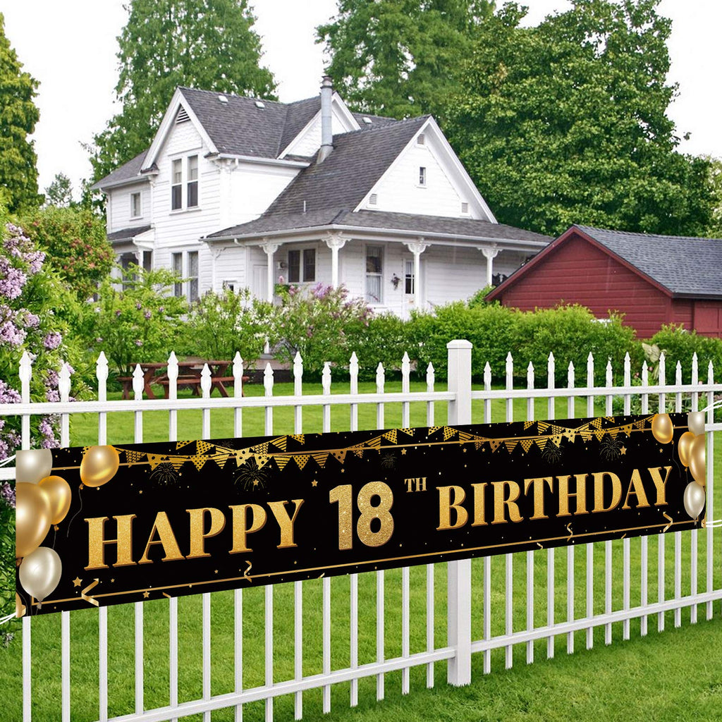TZSS Large Happy 18th Birthday Banner - Black & Gold, 9.8ft x 1.6ft, Weatherproof Polyester, Reusable Party Decor