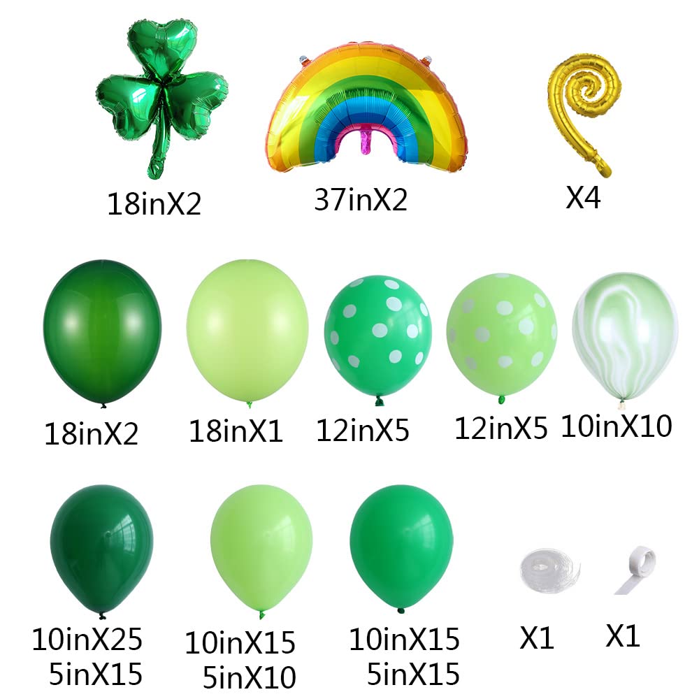 UAEYW St. Patrick's Day Decorations – 128-Piece Green Balloon Arch Garland Kit with Shamrock & Rainbow Foil Balloons