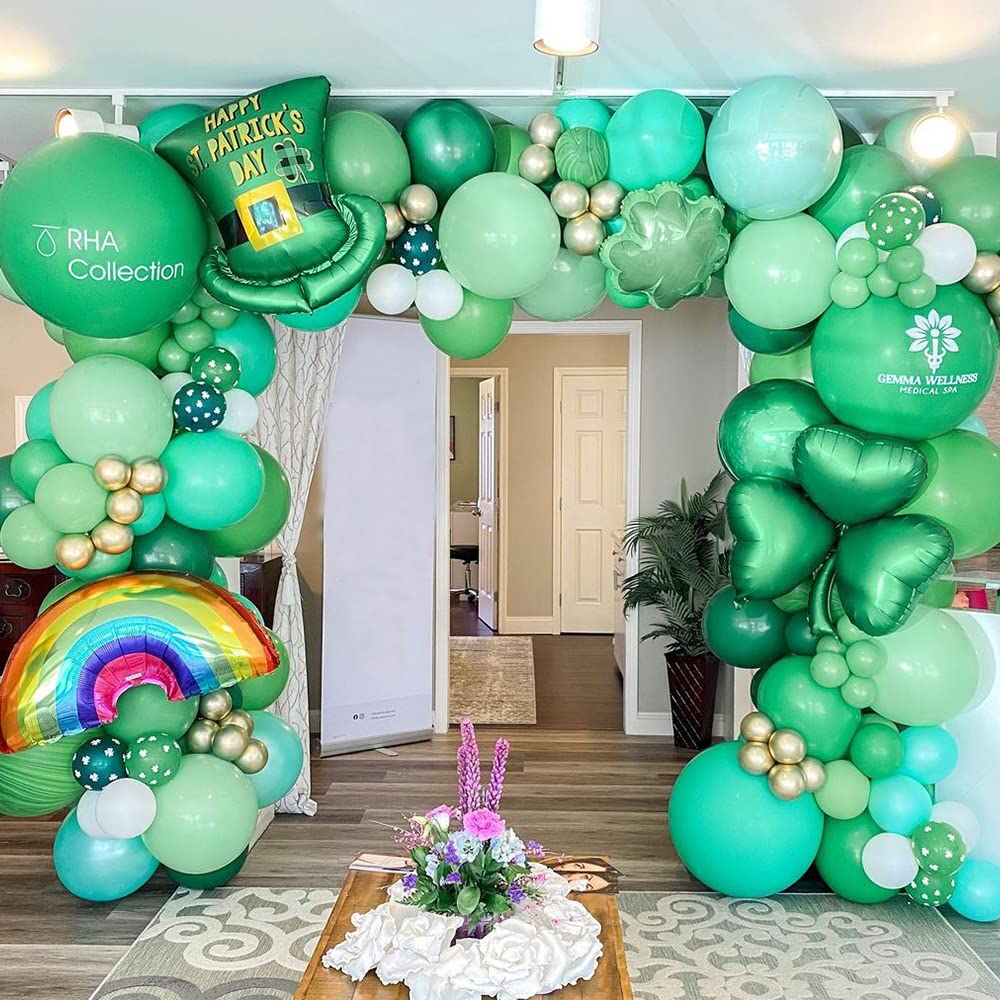 UAEYW St. Patrick's Day Decorations – 128-Piece Green Balloon Arch Garland Kit with Shamrock & Rainbow Foil Balloons