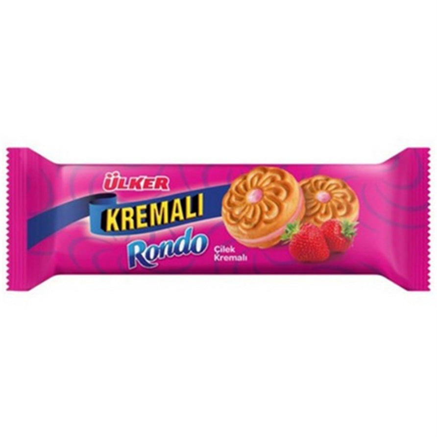 Ulker Rondo Strawberry Cream Sandwich Biscuits (Çilek Kremalı Bisküvi), 61g Pack