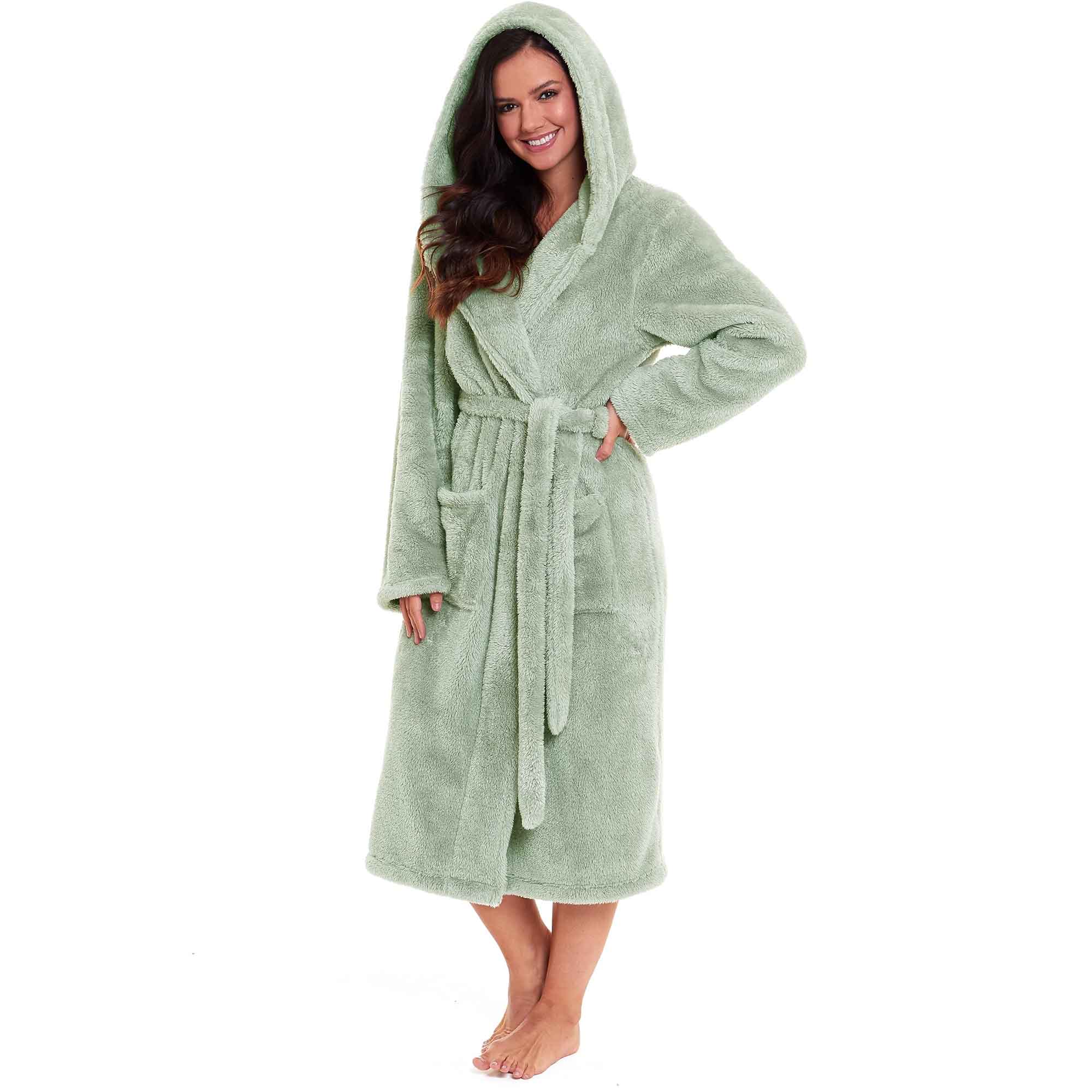 Daisy Dreamer Hooded Fleece Touch Robe Womens Sage Green Extra Long UK Sizes 8-22