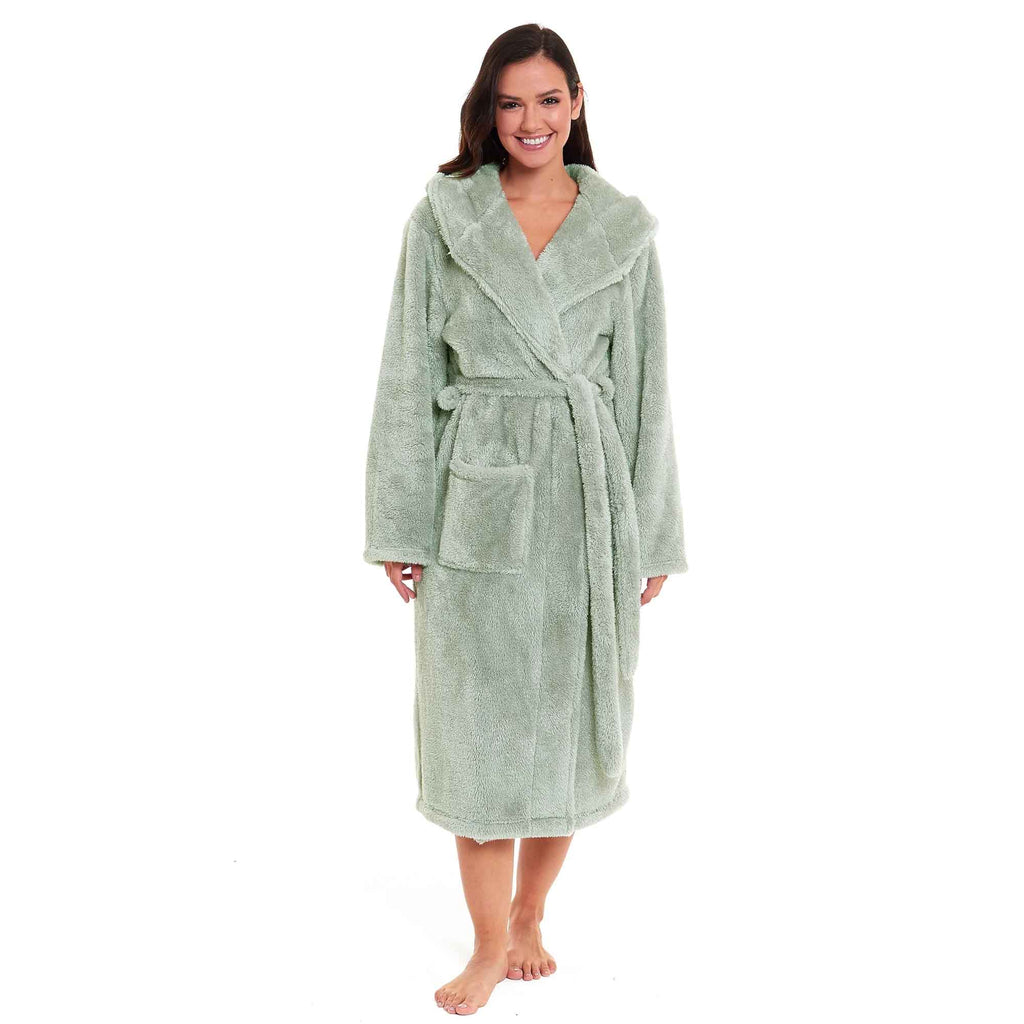 Daisy Dreamer Hooded Fleece Touch Robe Womens Sage Green Extra Long UK Sizes 8-22
