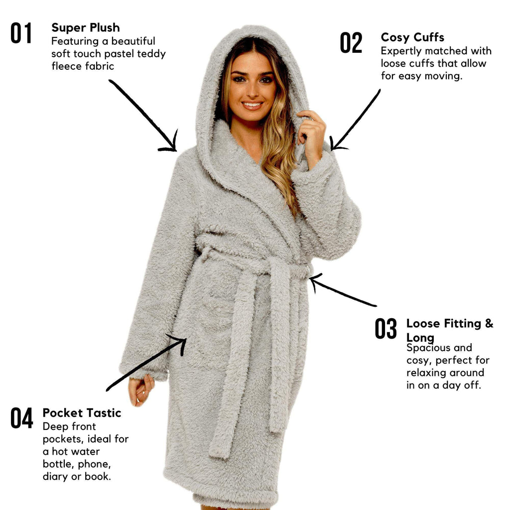 Daisy Dreamer Womens Grey Teddy Fleece Hooded Bath Robe Ultra Soft Premium Loungewear