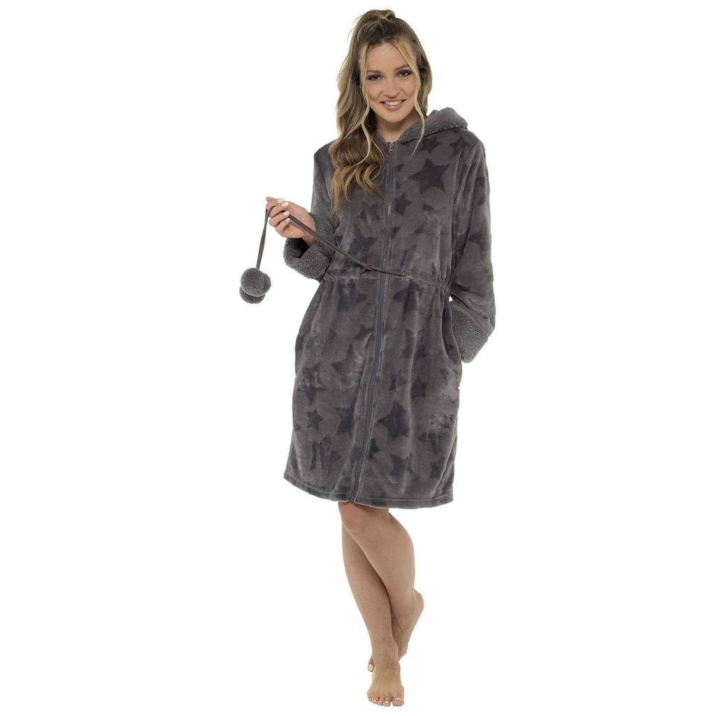 Daisy Dreamer Womens Hooded Fleece Bathrobe Zip Closure Ultra Soft Cosy Loungewear