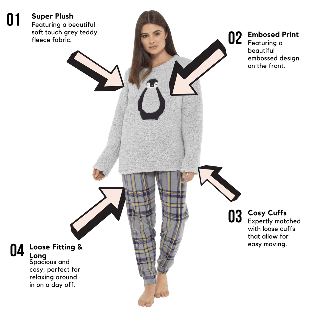 Daisy Dreamer Womens Teddy Fleece Pyjama Set Penguin Design Ultra Soft Cosy Sleepwear
