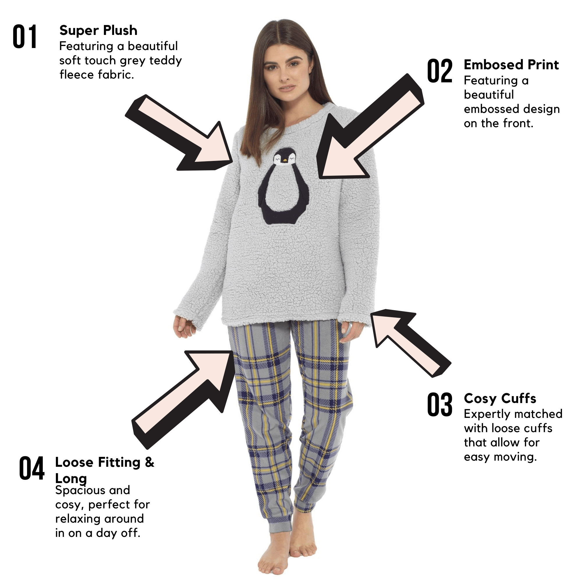 Daisy Dreamer Womens Teddy Fleece Pyjama Set Penguin Design Ultra Soft Cosy Sleepwear