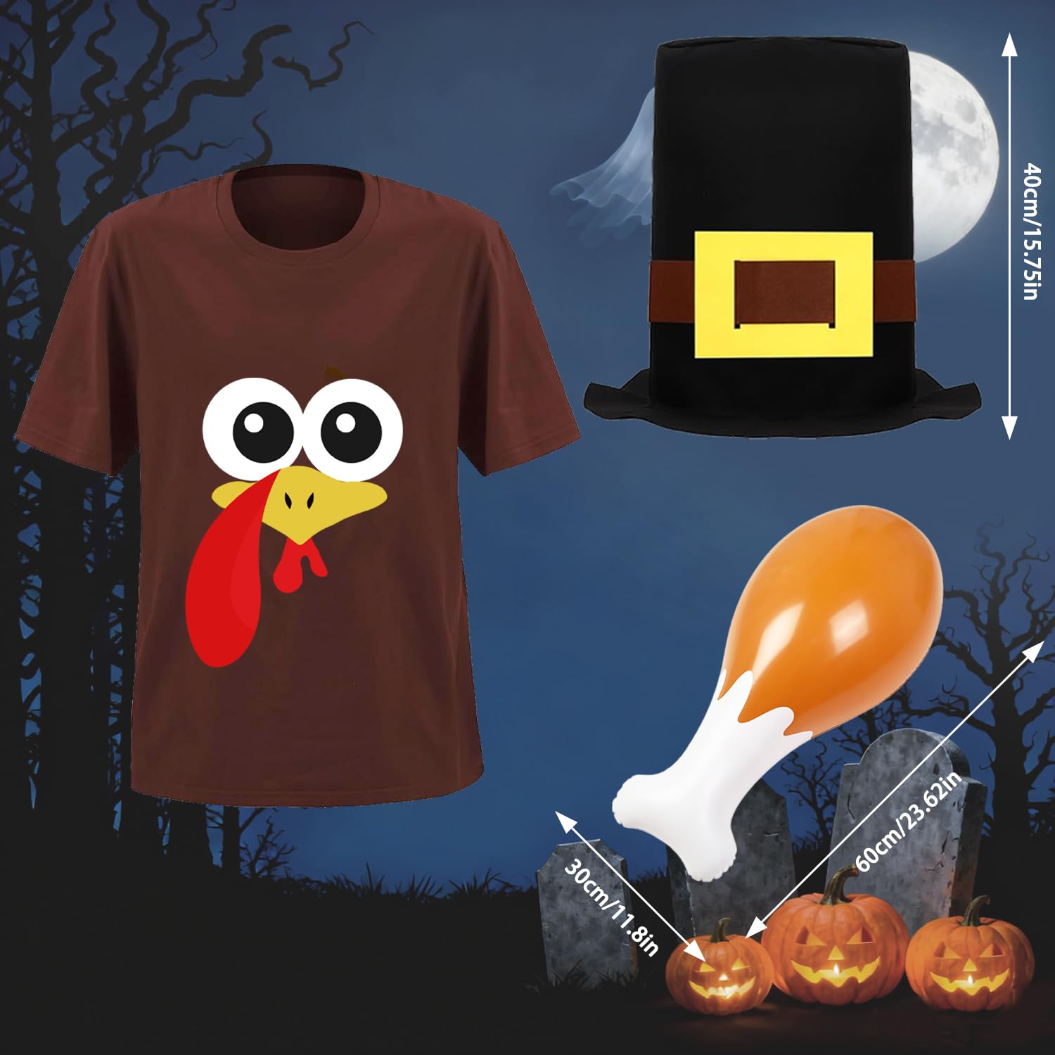 UMEELR Pilgrim 12ft Skeleton Shirt & Hat Set with Inflatable Turkey Leg