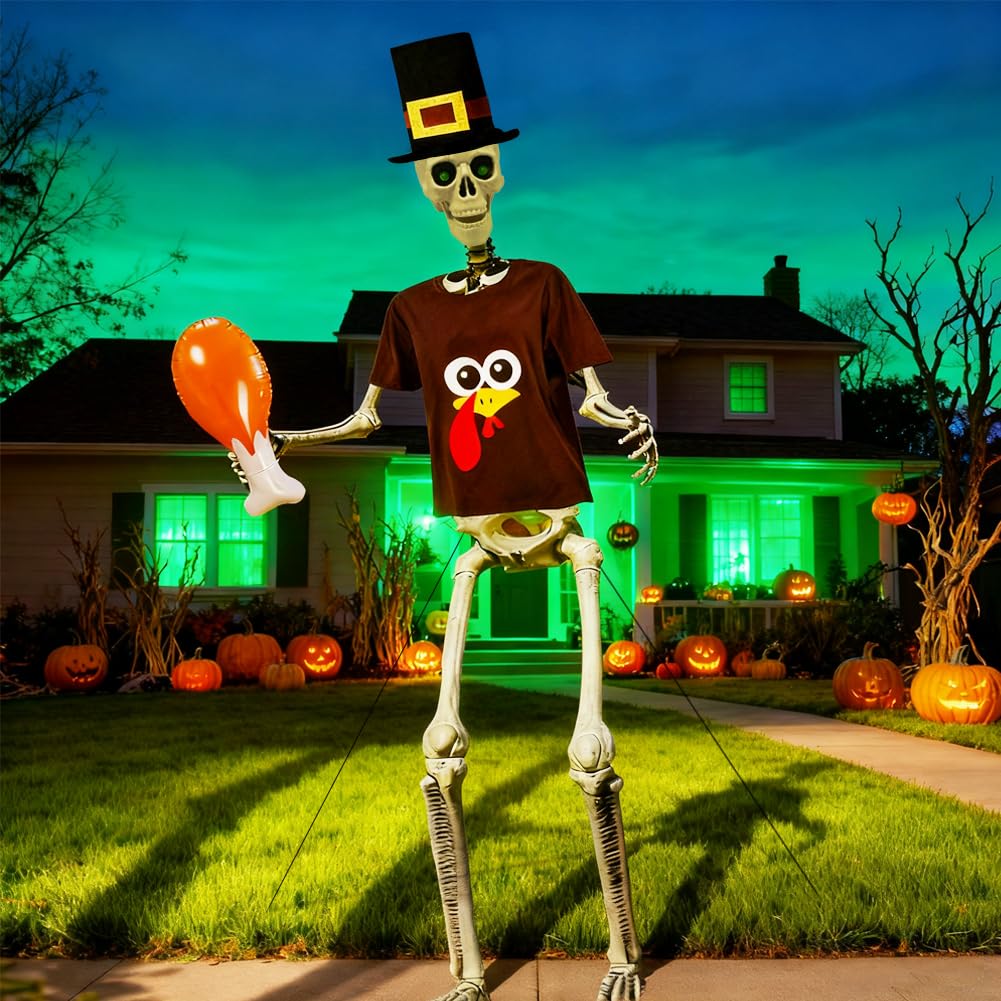 UMEELR Pilgrim 12ft Skeleton Shirt & Hat Set with Inflatable Turkey Leg