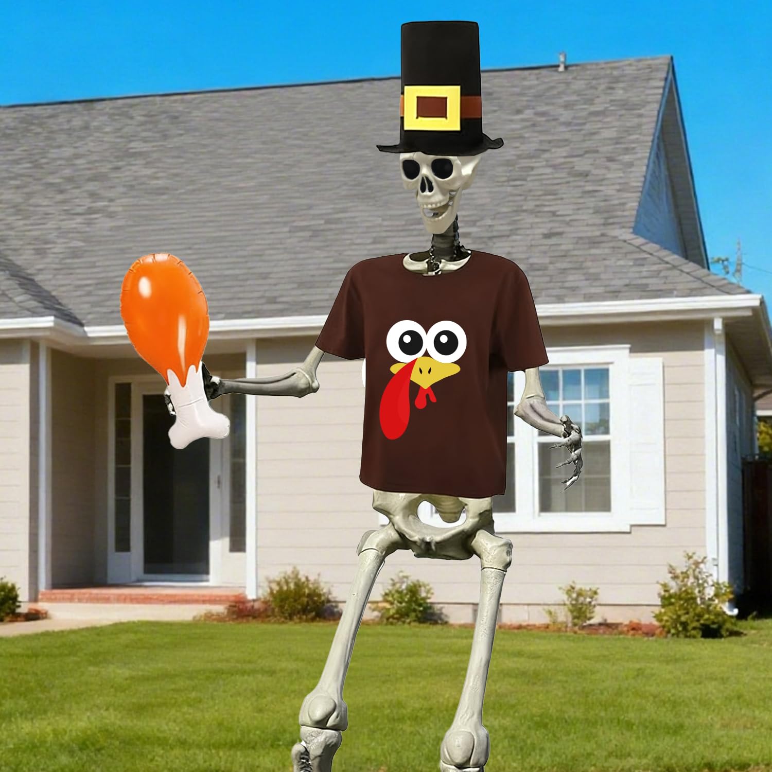 UMEELR Pilgrim 12ft Skeleton Shirt & Hat Set with Inflatable Turkey Leg