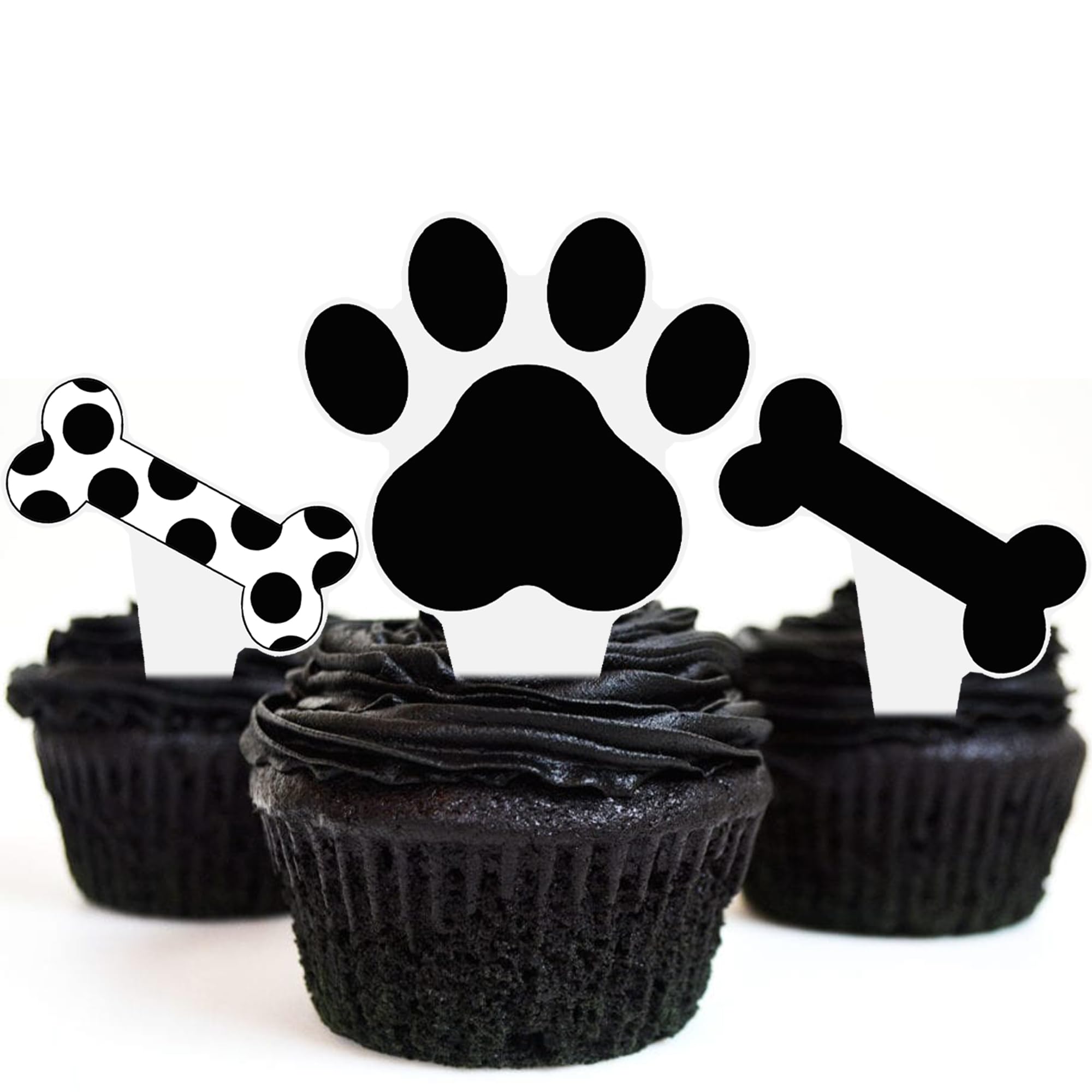 Umoni Puppy Paw Print Cupcake Toppers – 48PCS Black & White Dog Birthday Picks