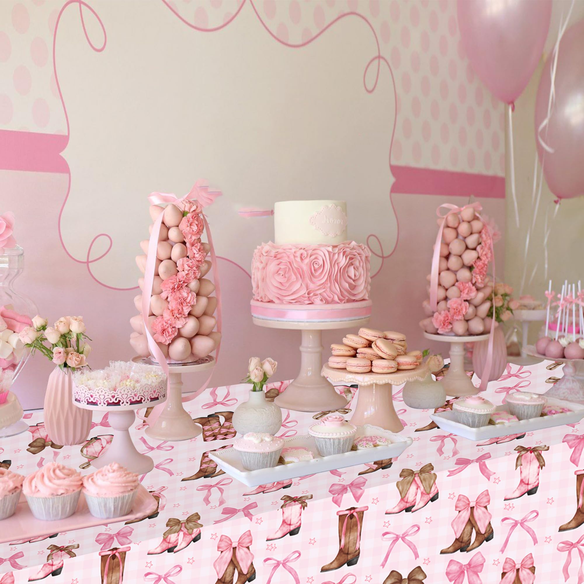 umoni Coquette Cowgirl Tablecloth 2PCS – Pink Boots Western Party Decor