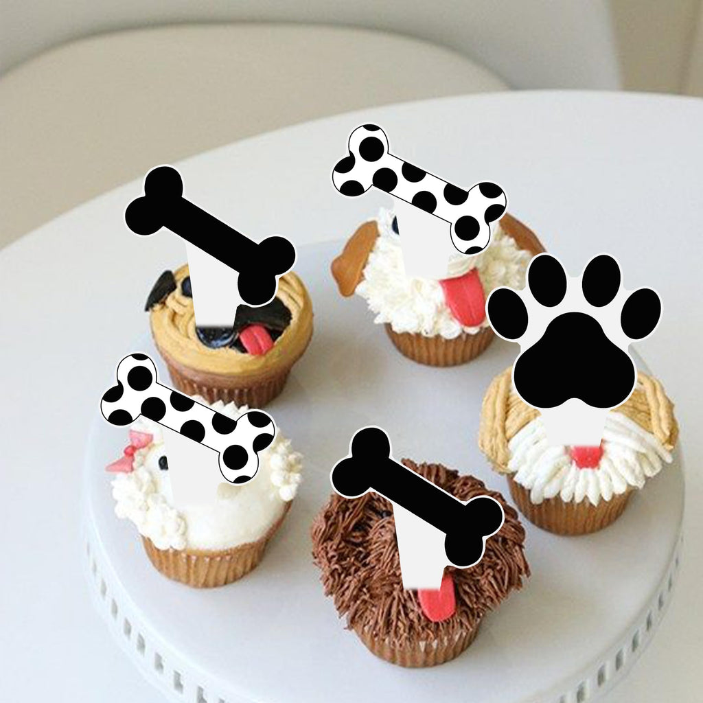 Umoni Puppy Paw Print Cupcake Toppers – 48PCS Black & White Dog Birthday Picks