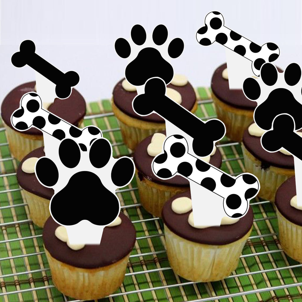 Umoni Puppy Paw Print Cupcake Toppers – 48PCS Black & White Dog Birthday Picks