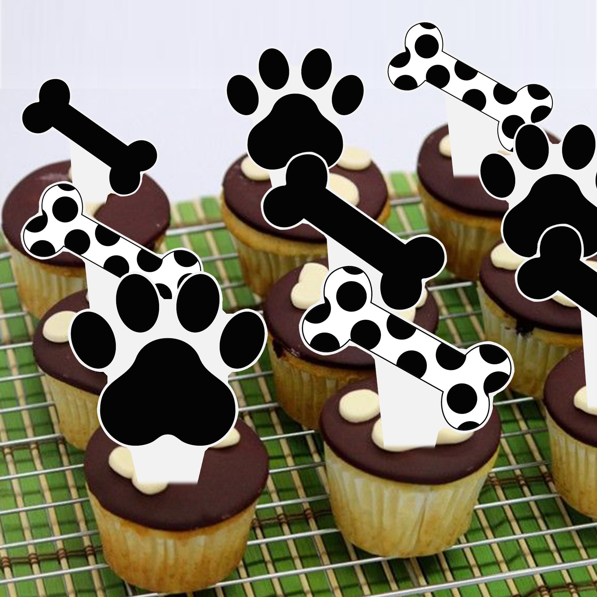 Umoni Puppy Paw Print Cupcake Toppers – 48PCS Black & White Dog Birthday Picks