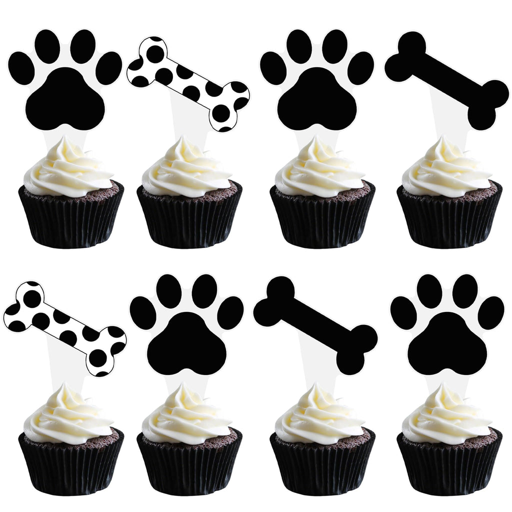 Umoni Puppy Paw Print Cupcake Toppers – 48PCS Black & White Dog Birthday Picks