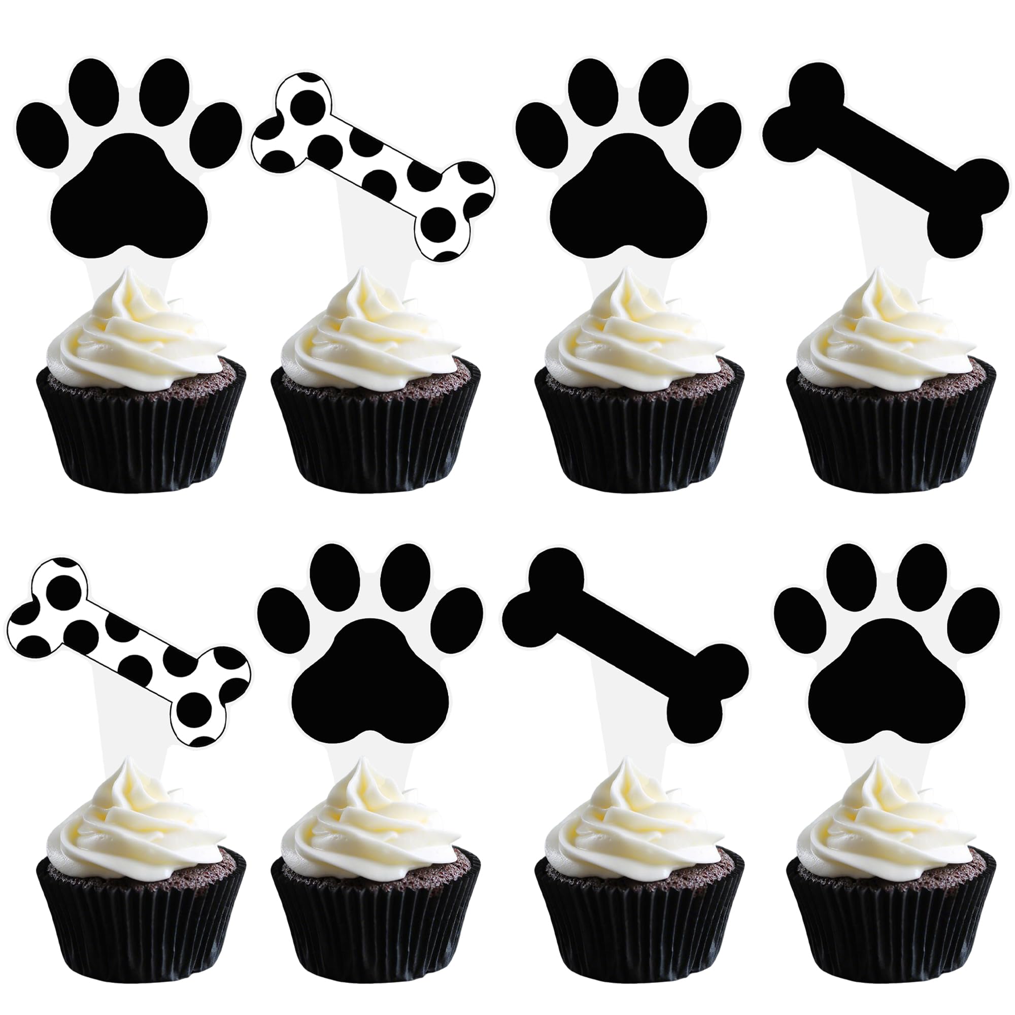 Umoni Puppy Paw Print Cupcake Toppers – 48PCS Black & White Dog Birthday Picks