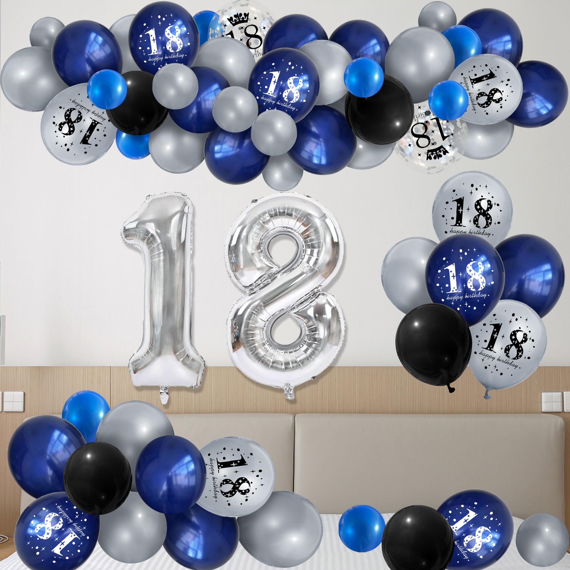 UniBirthLon Navy Blue & Silver 18th Birthday Yard Decor Kit – 66pc Balloons, Banner & Foil Number Backdrop