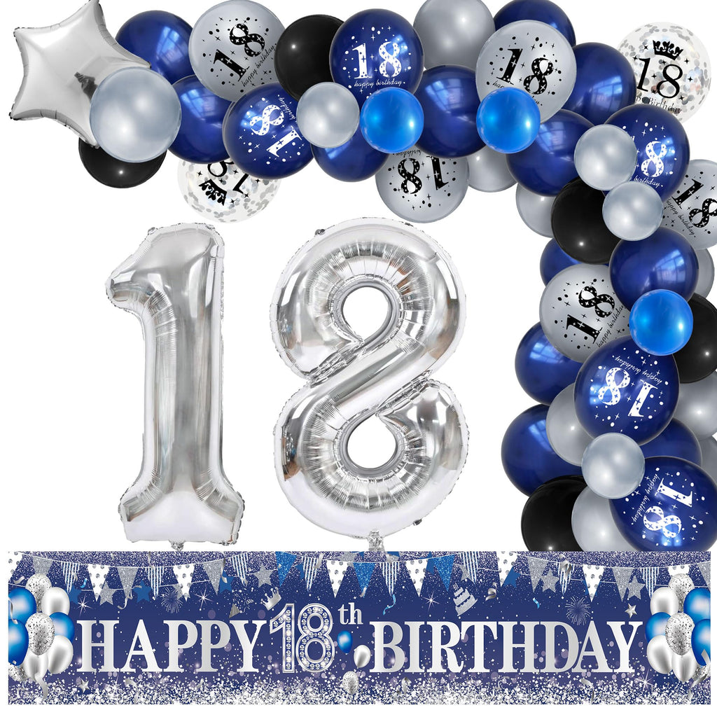 UniBirthLon Navy Blue & Silver 18th Birthday Yard Decor Kit – 66pc Balloons, Banner & Foil Number Backdrop