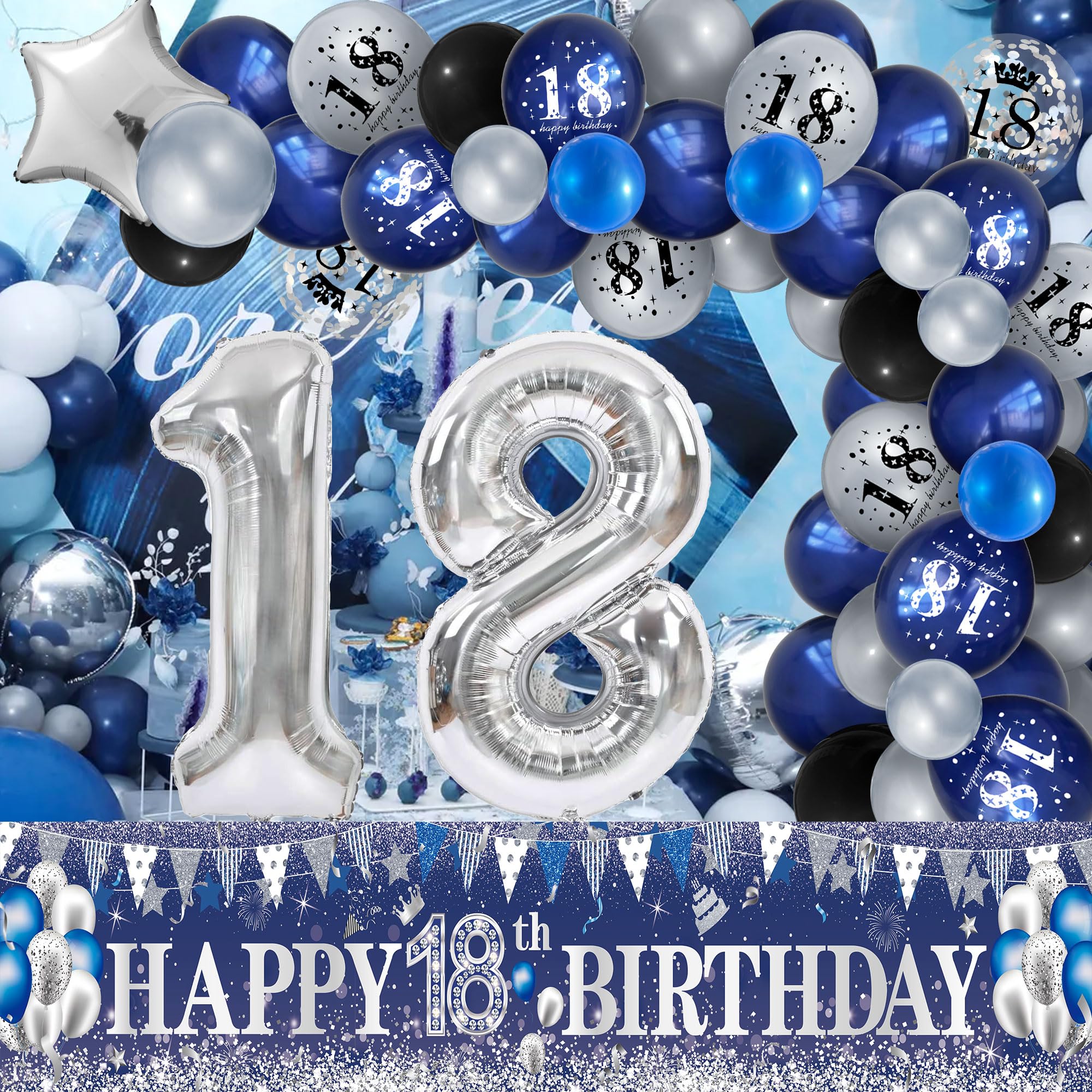 UniBirthLon Navy Blue & Silver 18th Birthday Yard Decor Kit – 66pc Balloons, Banner & Foil Number Backdrop