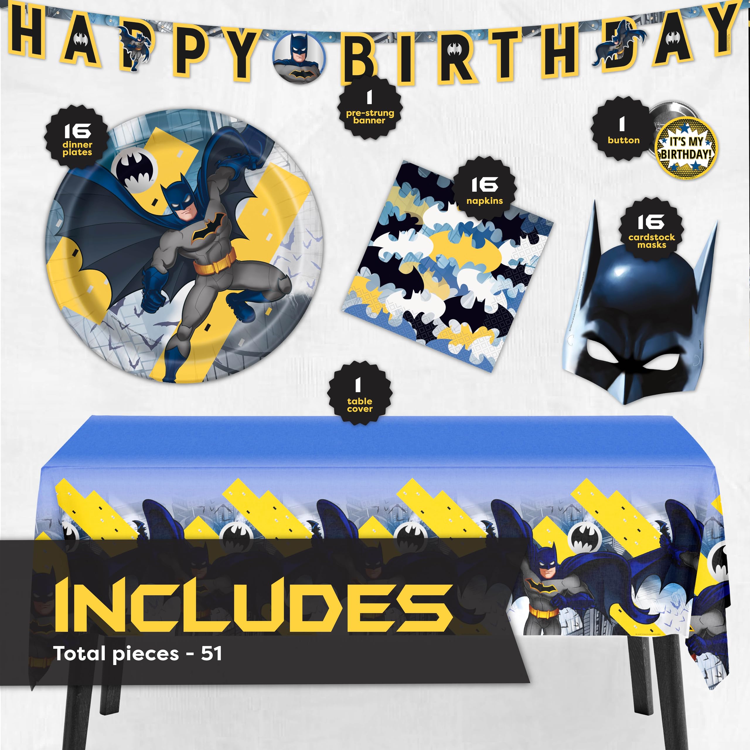 Unique Batman Birthday Party Supplies for 16 Guests | Banner, Table Cover, Masks & Plates