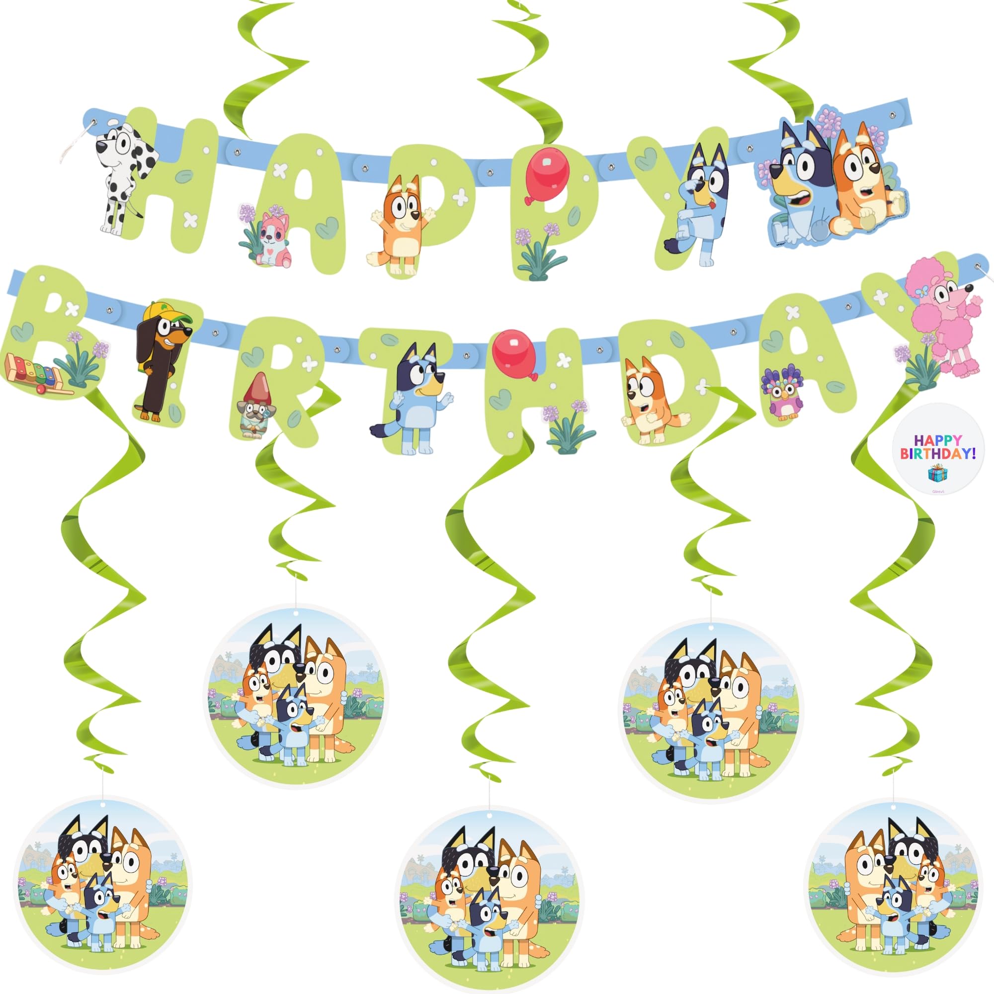 Bluey Birthday Banner with 6 Hanging Swirls – Officially Licensed by Unique