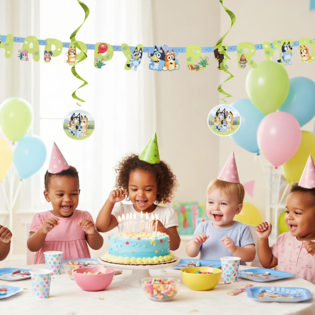 Bluey Birthday Banner with 6 Hanging Swirls – Officially Licensed by Unique