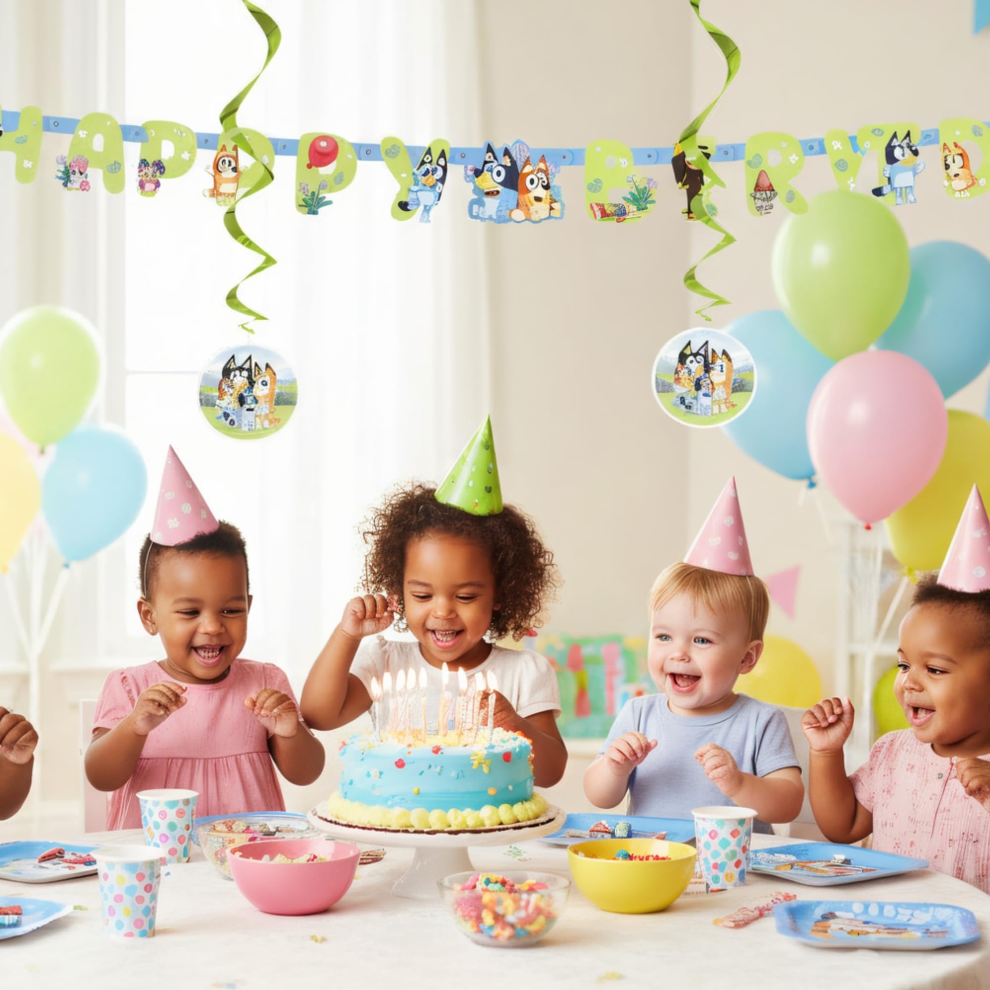 Bluey Birthday Banner with 6 Hanging Swirls – Officially Licensed by Unique