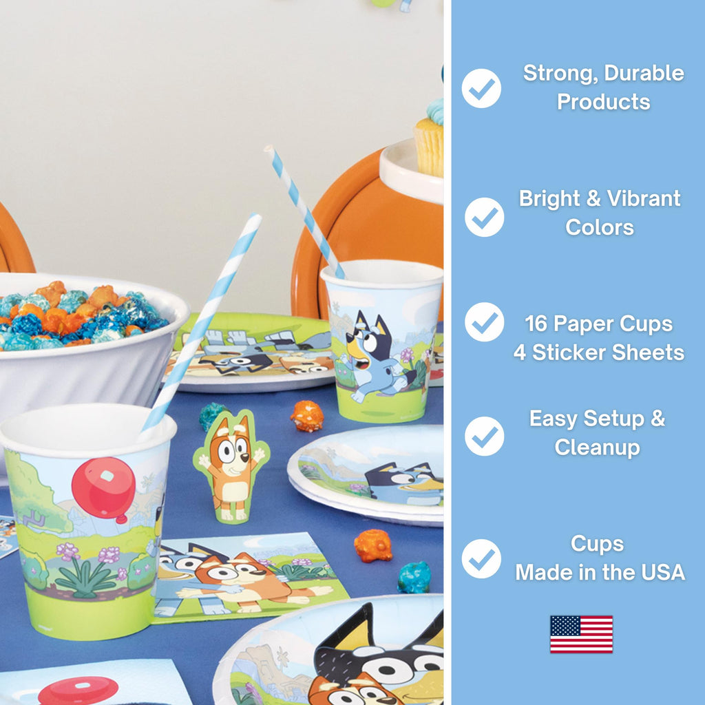 Unique Bluey Cups with Stickers – 16 Paper Cups, 4 Sticker Sheets | Officially Licensed Party Supplies