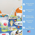 Unique Bluey Cups with Stickers – 16 Paper Cups, 4 Sticker Sheets | Officially Licensed Party Supplies