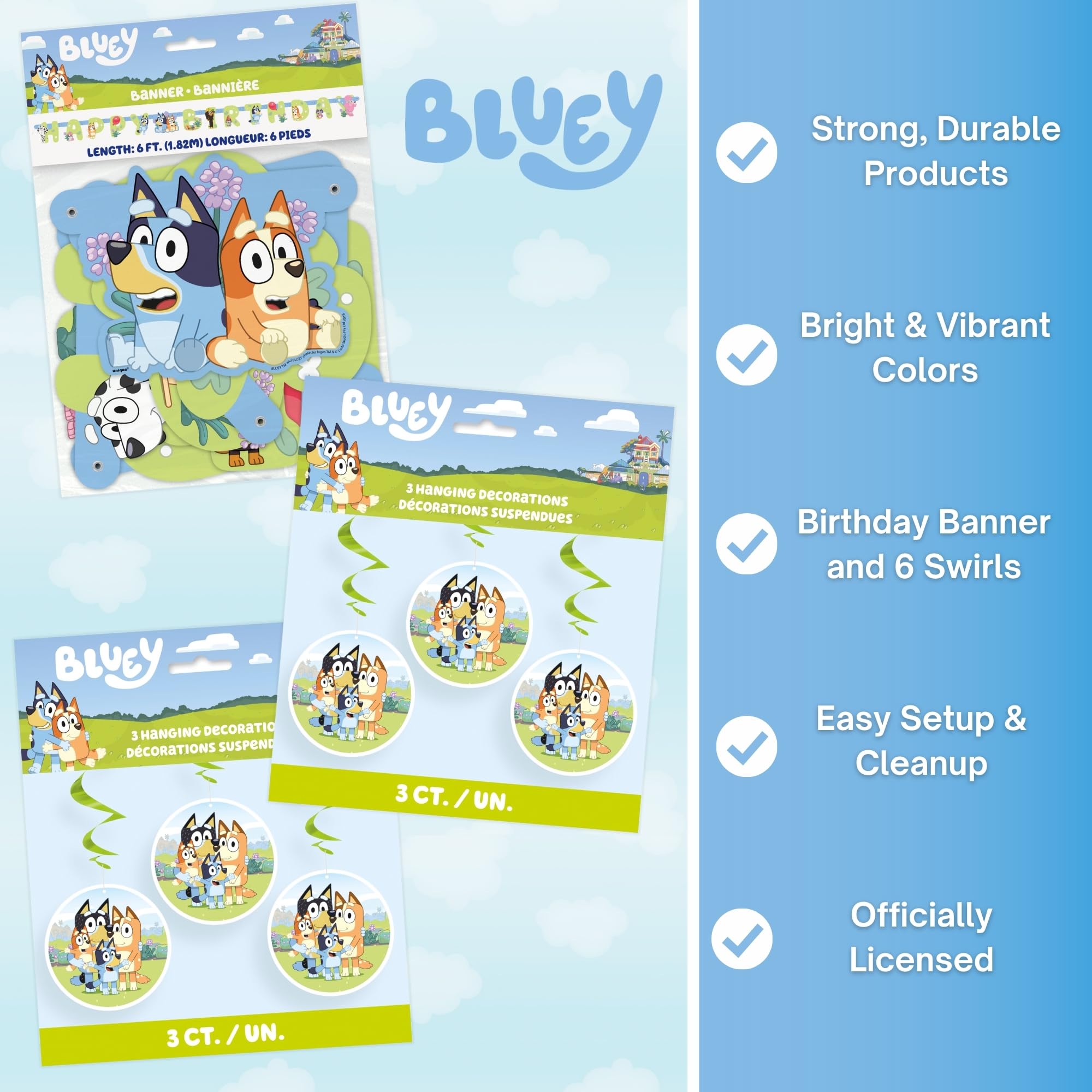 Bluey Birthday Banner with 6 Hanging Swirls – Officially Licensed by Unique